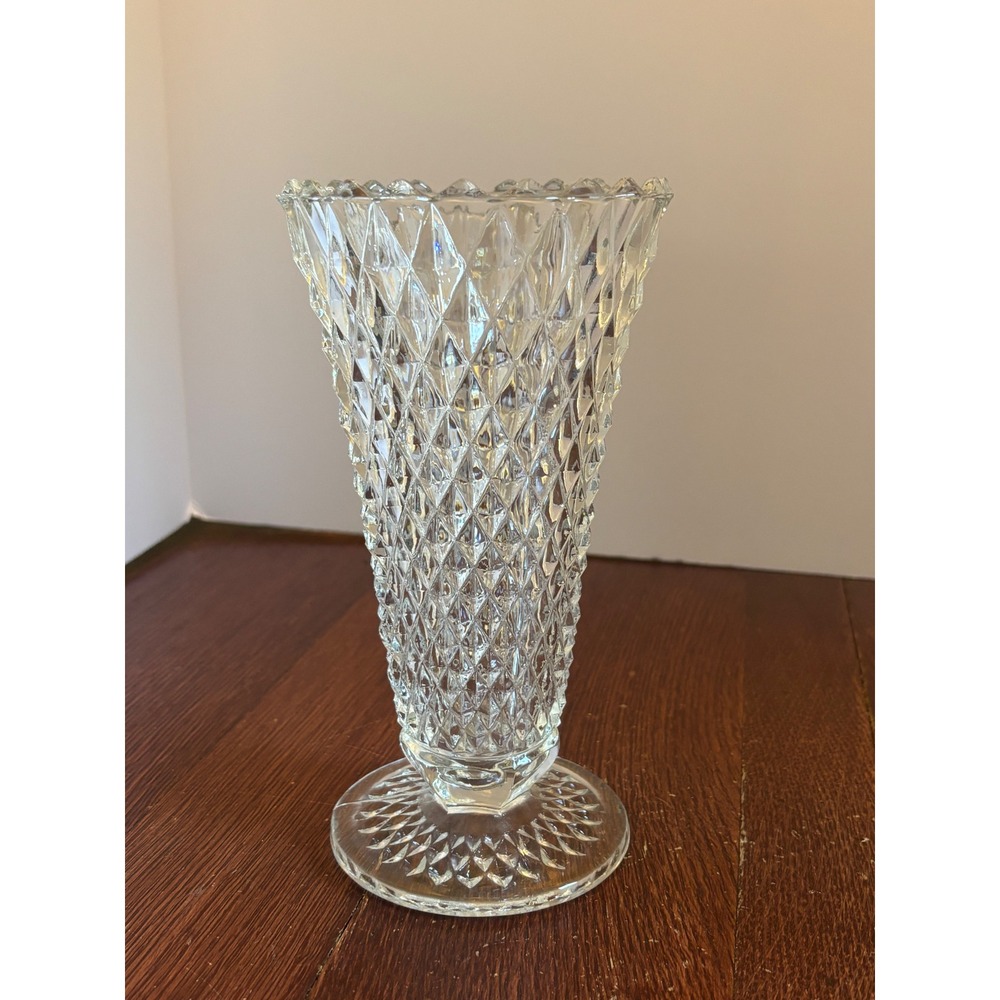 Vintage Clear Pressed Glass Diamond Point Trumpet Vase Scalloped Rim 8 Inch